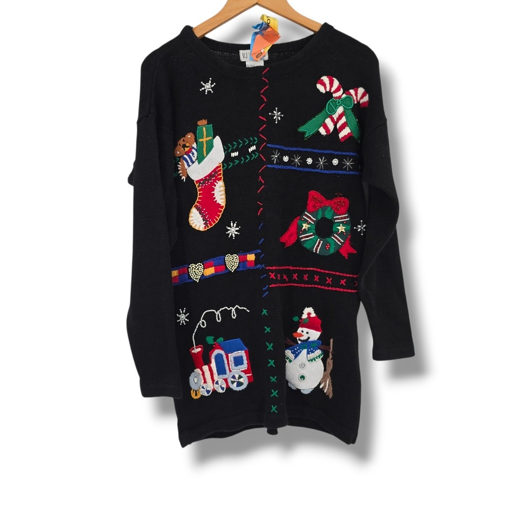 VJ Petites Vintage Black Ugly Christmas Sweater Embroidered Beaded Holiday PM